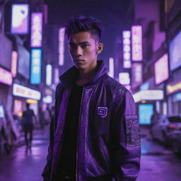 A Javanese young man in cyberpunk attire amidst a cityscape bathed in neon purple lights.