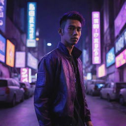 A Javanese young man in cyberpunk attire amidst a cityscape bathed in neon purple lights.