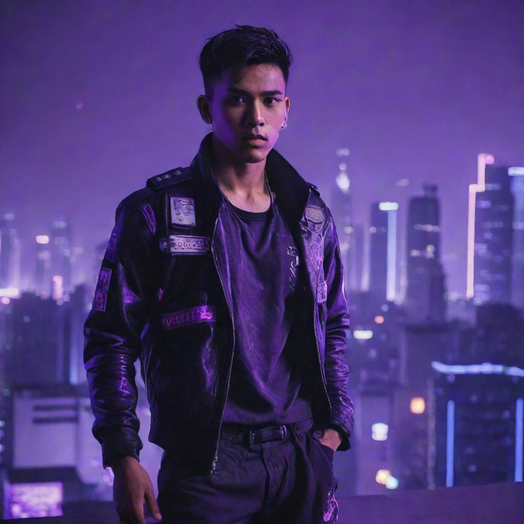 A Javanese young man in cyberpunk attire, standing atop a building overlooking a cityscape bathed in neon purple lights.