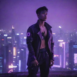 A Javanese young man in cyberpunk attire, standing atop a building overlooking a cityscape bathed in neon purple lights.