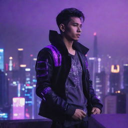 A Javanese young man in cyberpunk attire, standing atop a building overlooking a cityscape bathed in neon purple lights.