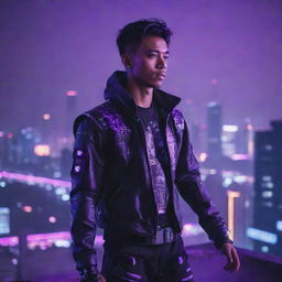 A Javanese young man in cyberpunk attire, standing atop a building overlooking a cityscape bathed in neon purple lights.