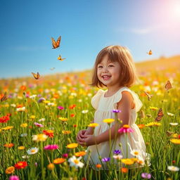 A picturesque scene in a vibrant meadow filled with colorful wildflowers under a clear blue sky
