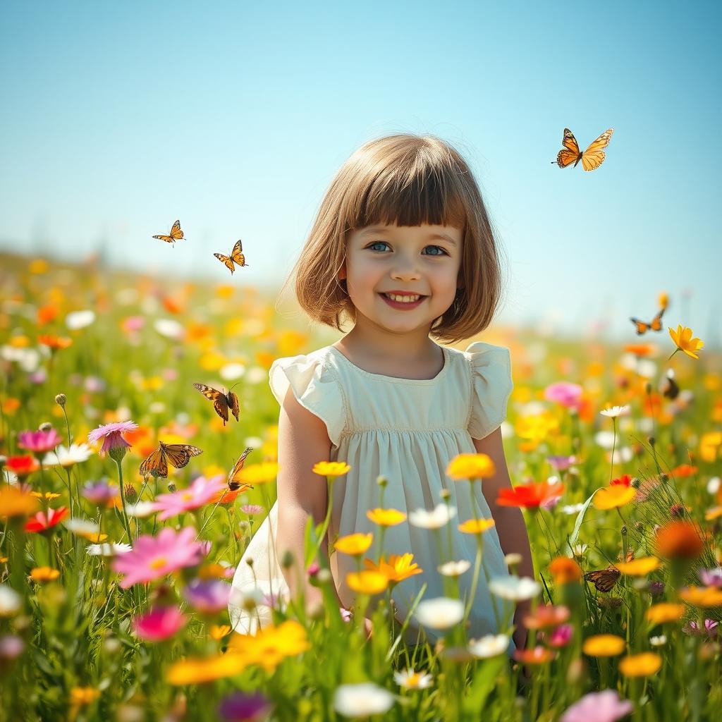 A picturesque scene in a vibrant meadow filled with colorful wildflowers under a clear blue sky