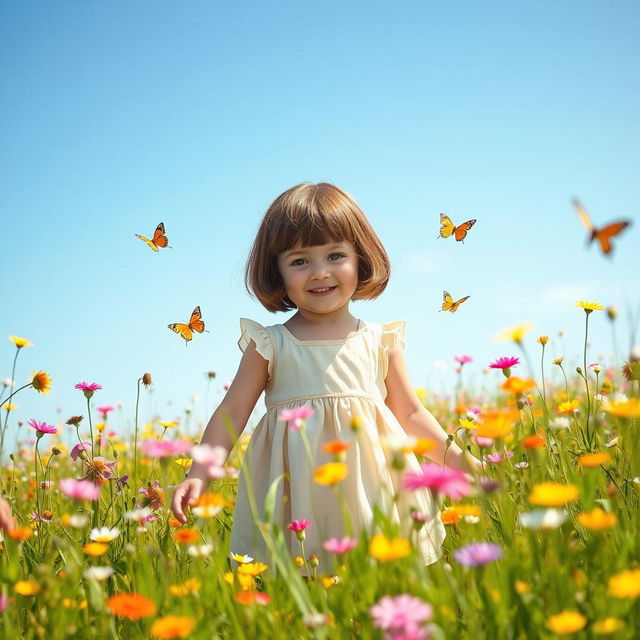 A picturesque scene in a vibrant meadow filled with colorful wildflowers under a clear blue sky