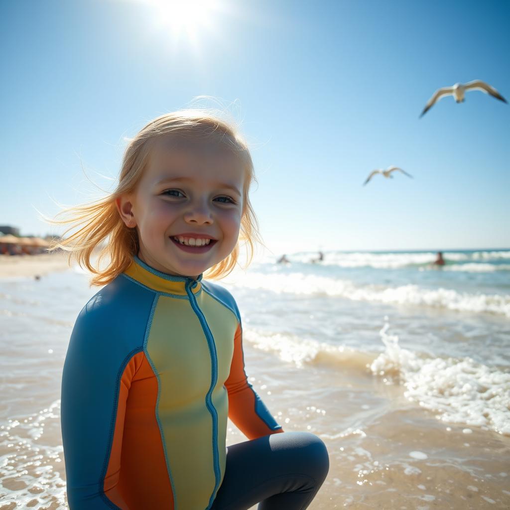 A pale young girl aged 4 wearing a colorful wetsuit, joyfully playing by the beach