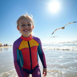 A pale young girl aged 4 wearing a colorful wetsuit, joyfully playing by the beach