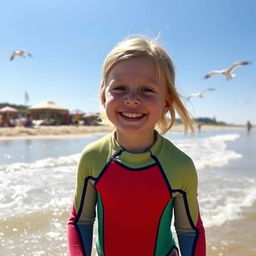 A pale young girl aged 4 wearing a colorful wetsuit, joyfully playing by the beach
