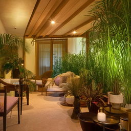 A beautifully furnished room with impeccable interior design, ambient lighting, and lush indoor plants