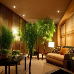 A beautifully furnished room with impeccable interior design, ambient lighting, and lush indoor plants