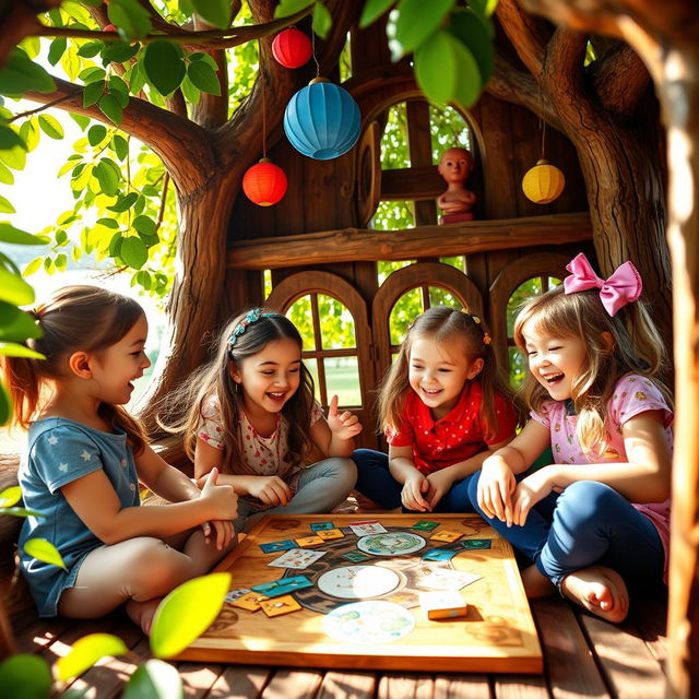 Four energetic young girls joyfully sitting together in a charming treehouse, engaged in a fun board game