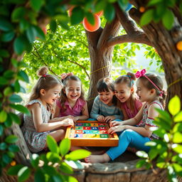 Four energetic young girls joyfully sitting together in a charming treehouse, engaged in a fun board game