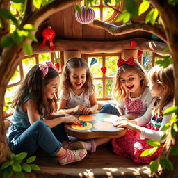 Four energetic young girls joyfully sitting together in a charming treehouse, engaged in a fun board game