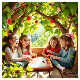 Four energetic young girls joyfully sitting together in a charming treehouse, engaged in a fun board game