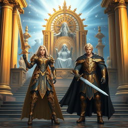 A stunning scene featuring a confident blonde woman holding a glowing sword, clad in intricately designed gold-detailed armor