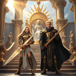 A stunning scene featuring a confident blonde woman holding a glowing sword, clad in intricately designed gold-detailed armor