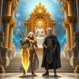 A stunning scene featuring a confident blonde woman holding a glowing sword, clad in intricately designed gold-detailed armor