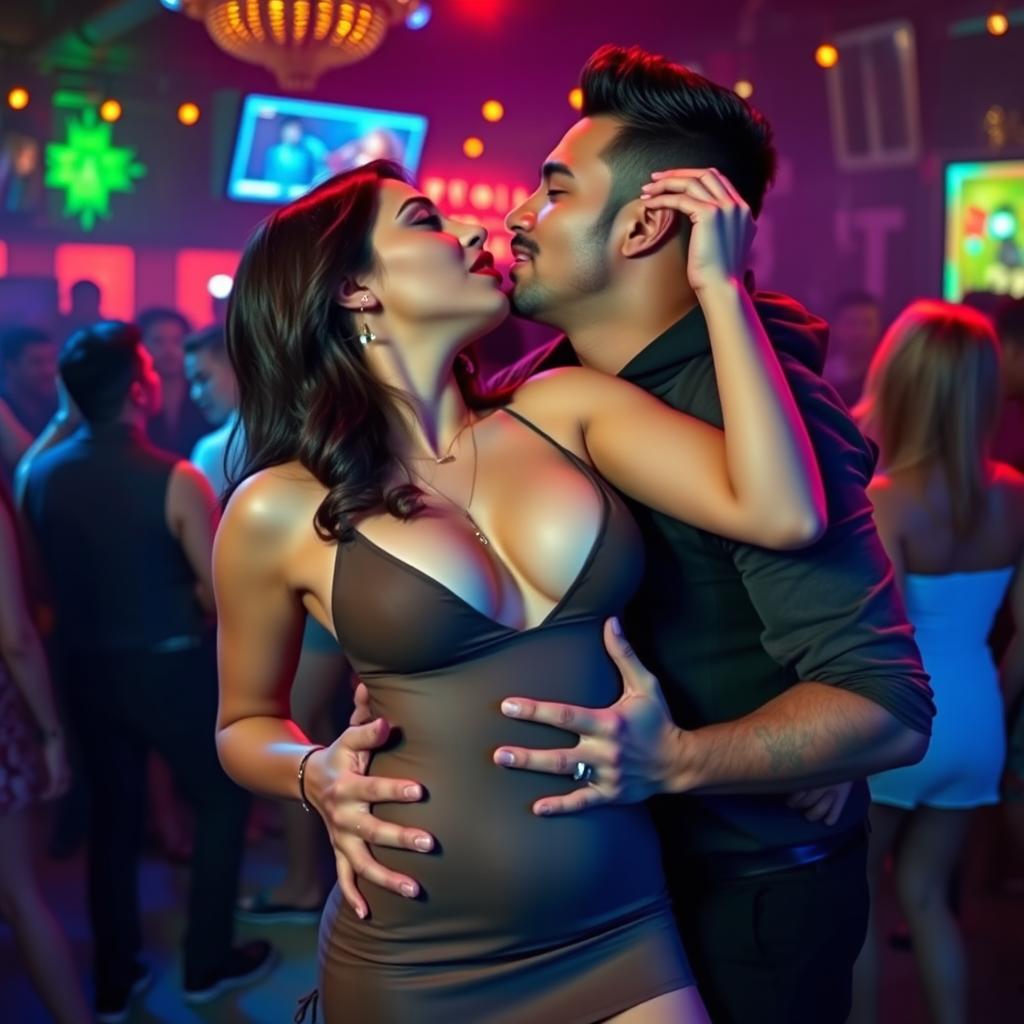 Sensual scene featuring a woman inspired by Nushrat Bharucha, wearing an open-front minidress and striking red lipstick