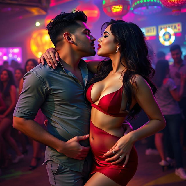 Sensual scene featuring a woman inspired by Nushrat Bharucha, wearing an open-front minidress and striking red lipstick