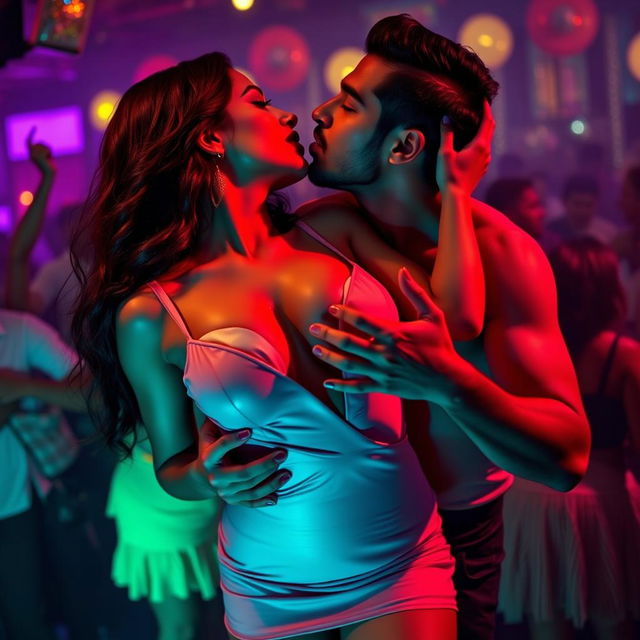 Sensual scene featuring a woman inspired by Nushrat Bharucha, wearing an open-front minidress and striking red lipstick