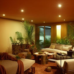 A beautifully designed room with tasteful furnishings, warm lighting, and vibrant indoor plants