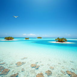 A serene scene of small tropical islands scattered across a bright turquoise ocean, with a clear blue sky overhead