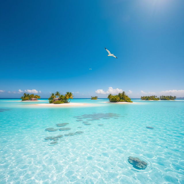 A serene scene of small tropical islands scattered across a bright turquoise ocean, with a clear blue sky overhead