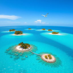 A serene scene of small tropical islands scattered across a bright turquoise ocean, with a clear blue sky overhead