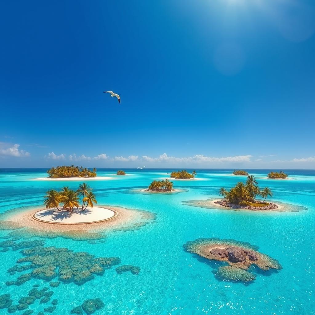 A serene scene of small tropical islands scattered across a bright turquoise ocean, with a clear blue sky overhead