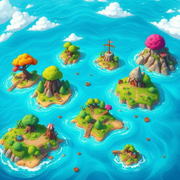 A stylized depiction of small islands in the ocean, resembling a vibrant video game map