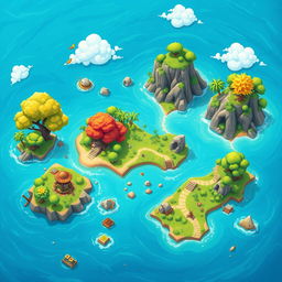 A stylized depiction of small islands in the ocean, resembling a vibrant video game map