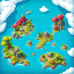 A stylized depiction of small islands in the ocean, resembling a vibrant video game map