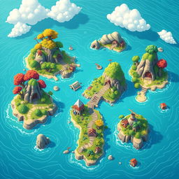 A stylized depiction of small islands in the ocean, resembling a vibrant video game map