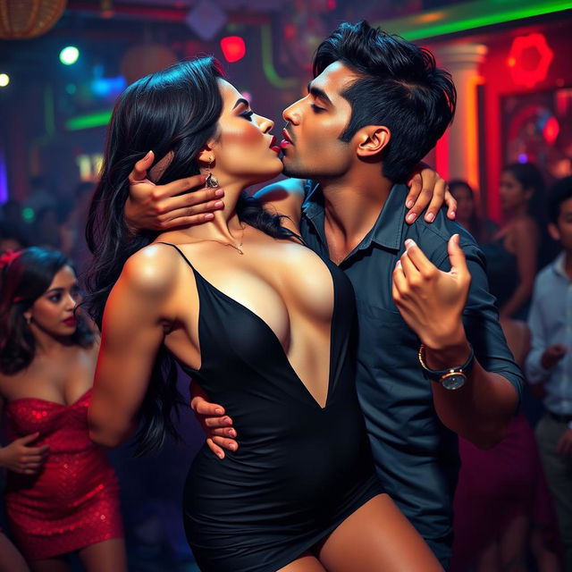 Sensual scene featuring a woman inspired by Nushrat Bharucha, wearing an open-front minidress and bold red lipstick