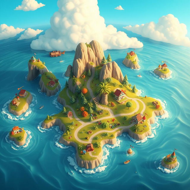 An imaginative portrayal of diminutive islands in the ocean, designed like a vibrant video game map