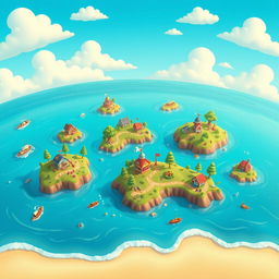 An imaginative portrayal of diminutive islands in the ocean, designed like a vibrant video game map
