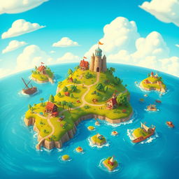 An imaginative portrayal of diminutive islands in the ocean, designed like a vibrant video game map