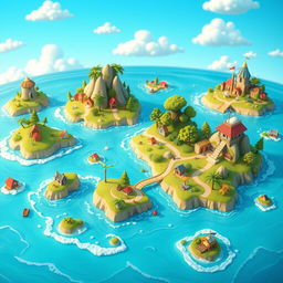 An imaginative portrayal of diminutive islands in the ocean, designed like a vibrant video game map