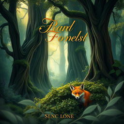 A captivating book cover design featuring a mystical forest scene, with towering ancient trees and a soft, glowing light filtering through the leaves