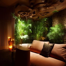 A beautifully designed room with tasteful furnishings, warm lighting, and vibrant indoor plants