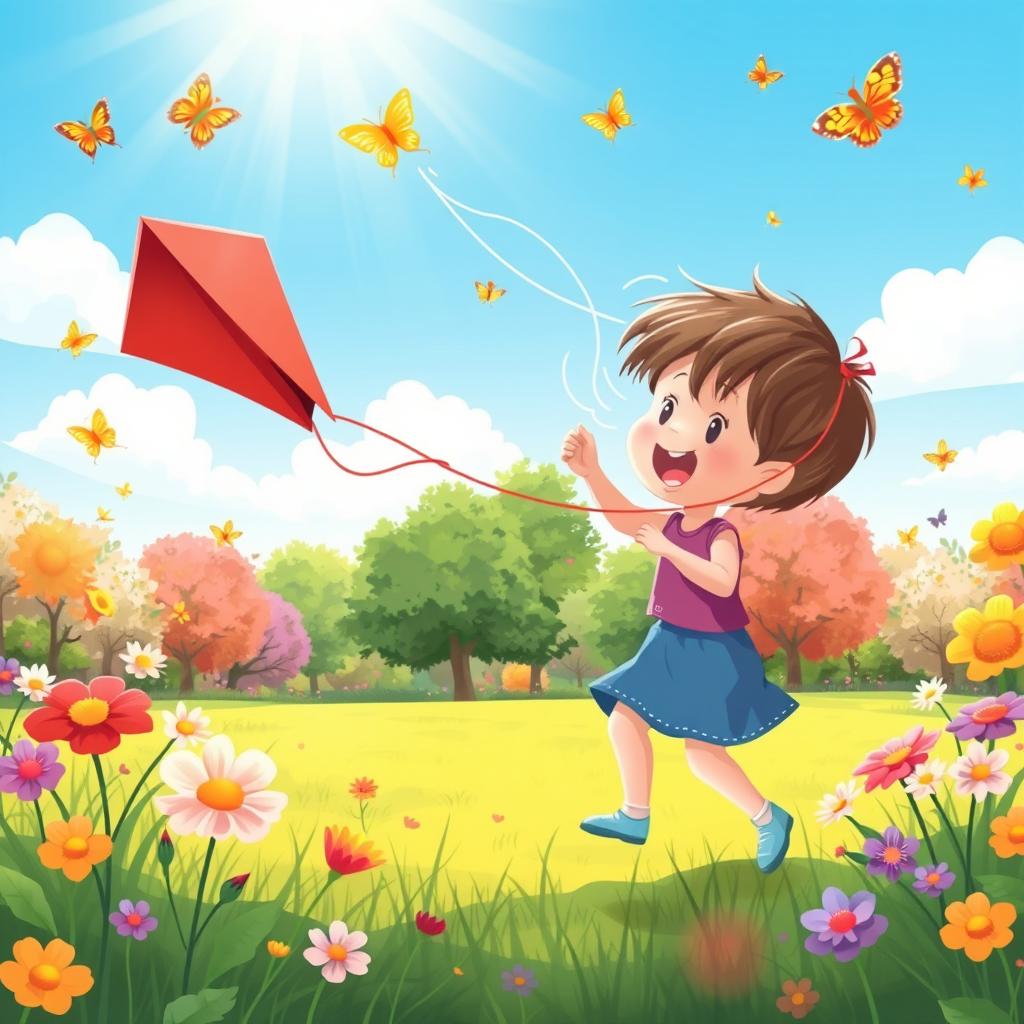 A whimsical and colorful illustration of a playful child enjoying a sunny day in a vibrant park, surrounded by blooming flowers and playful butterflies, laughing while playing with a bright red kite soaring high in the blue sky