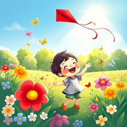 A whimsical and colorful illustration of a playful child enjoying a sunny day in a vibrant park, surrounded by blooming flowers and playful butterflies, laughing while playing with a bright red kite soaring high in the blue sky