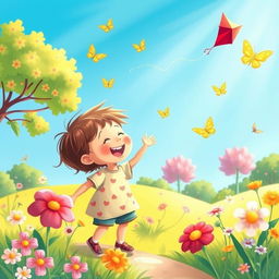 A whimsical and colorful illustration of a playful child enjoying a sunny day in a vibrant park, surrounded by blooming flowers and playful butterflies, laughing while playing with a bright red kite soaring high in the blue sky