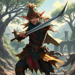 A dynamic and adventurous swashbuckling elf in the Pathfinder world, showcasing agility and grace