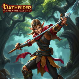 A dynamic and adventurous swashbuckling elf in the Pathfinder world, showcasing agility and grace