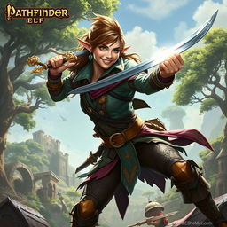 A dynamic and adventurous swashbuckling elf in the Pathfinder world, showcasing agility and grace