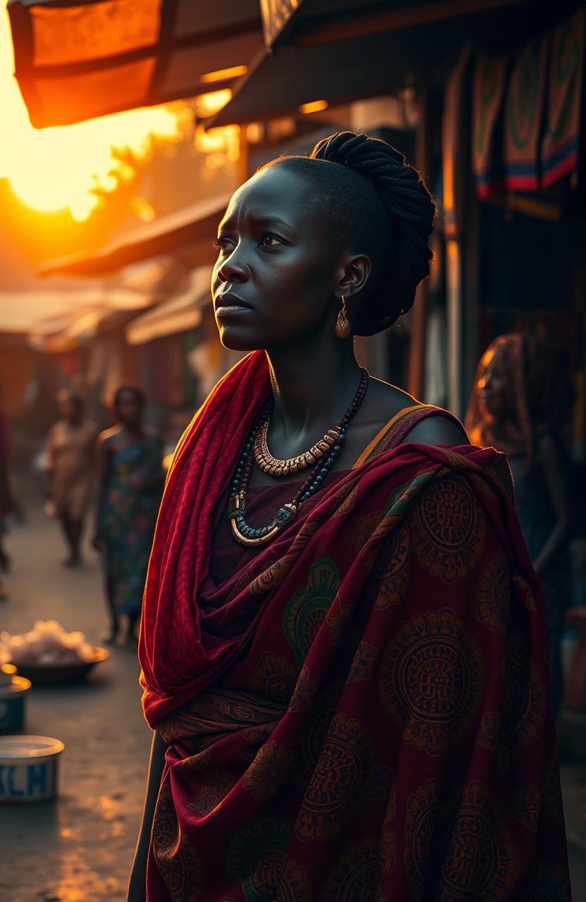 A dramatic and intense scene inspired by the themes in 'Black Sunday' by Tola Rotimi Abraham, featuring a reflective African woman in traditional attire standing in a bustling market, surrounded by vibrant cultural elements like colorful fabrics, street vendors, and intricate patterns