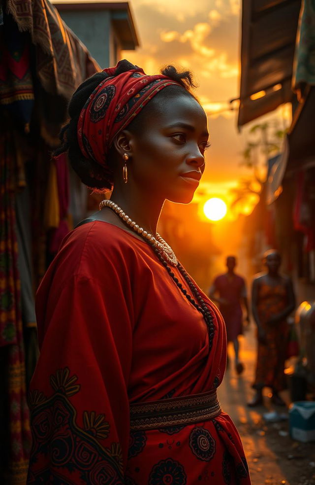 A dramatic and intense scene inspired by the themes in 'Black Sunday' by Tola Rotimi Abraham, featuring a reflective African woman in traditional attire standing in a bustling market, surrounded by vibrant cultural elements like colorful fabrics, street vendors, and intricate patterns