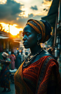 A dramatic and intense scene inspired by the themes in 'Black Sunday' by Tola Rotimi Abraham, featuring a reflective African woman in traditional attire standing in a bustling market, surrounded by vibrant cultural elements like colorful fabrics, street vendors, and intricate patterns