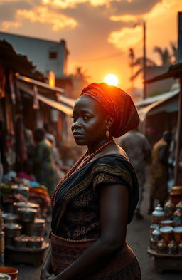 A dramatic and intense scene inspired by the themes in 'Black Sunday' by Tola Rotimi Abraham, featuring a reflective African woman in traditional attire standing in a bustling market, surrounded by vibrant cultural elements like colorful fabrics, street vendors, and intricate patterns